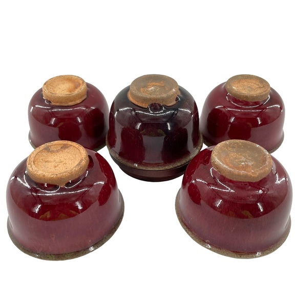 Set of 5 Glazed Deep Red Tea Cups w/Greenish Brown Trim & Organic Unglazed Base - Picture 2 of 7